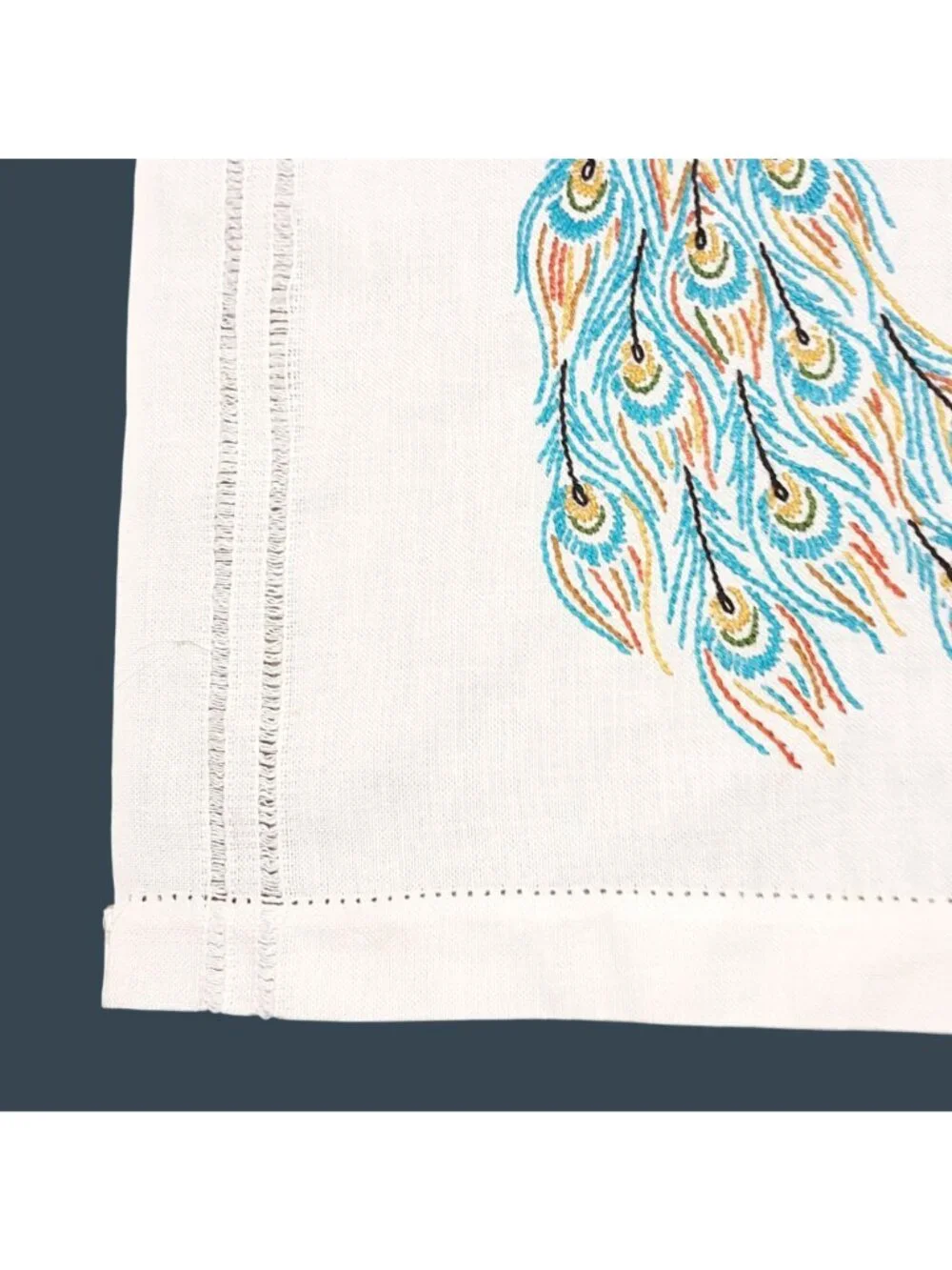 Hand-Embroidered White Cotton Table Runner With Colorful Peacock Design 14 x 36